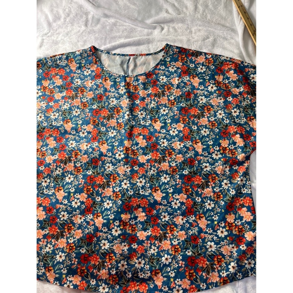 Emery Rose Womens 3xl Blue Floral Short Sleeve‎ Blouse Crew Neck Boxy Top Boho